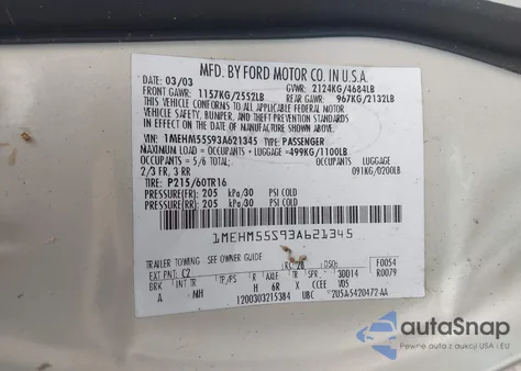 2003 Mercury Sable Ls Premium из США, поврежденный, VIN 1MEHM55S93A621345